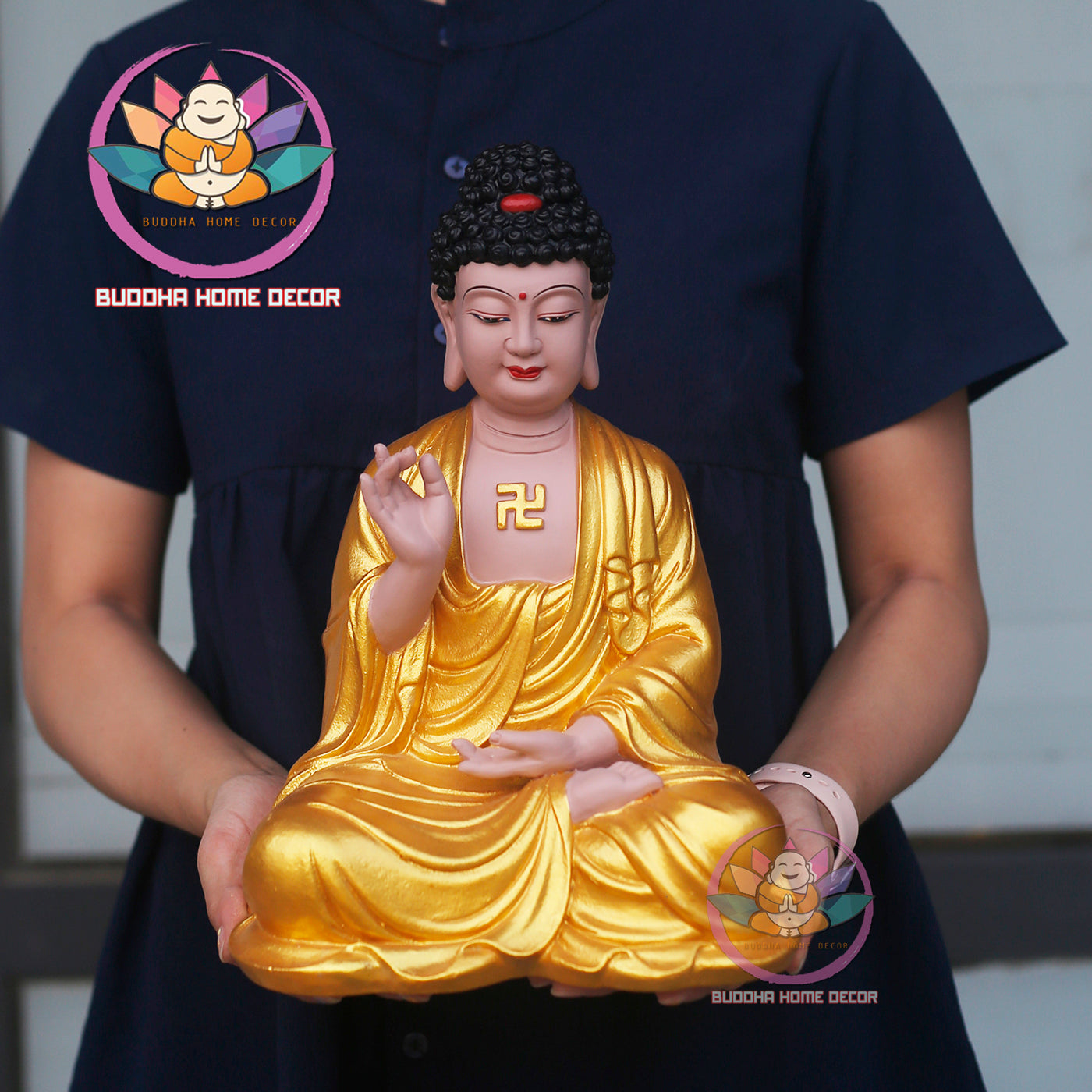 Amitabha Buddha Statue – Yellow Robe Buddha in Meditation – Resin Amituofo Figurine for Altar, Home, or Zen Space