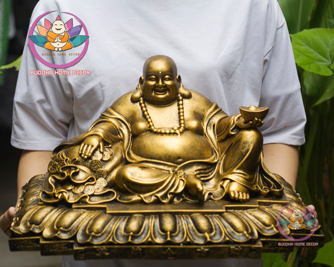 Laughing Buddha Statue – Hotei Buddha of Wealth and Happiness – Golden Resin Sculpture for Home, Office, or Feng Shui Decor