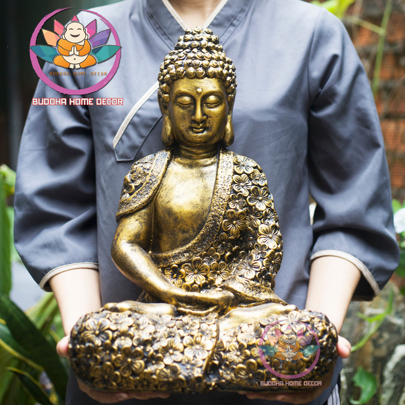 Zen Garden Buddha Statue – Floral Robe Meditating Buddha for Outdoor or Indoor Decor