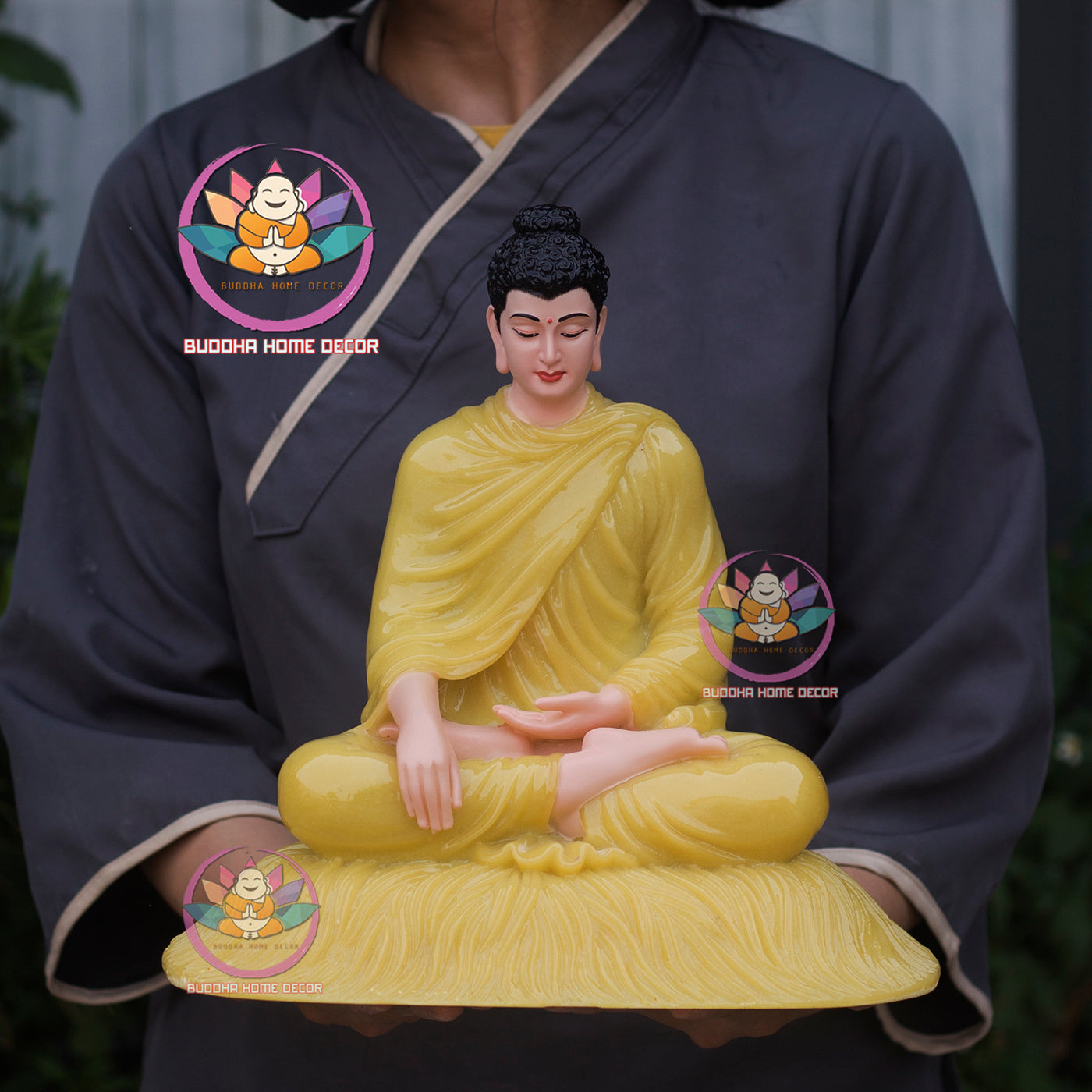 Yellow Quartz-Look Buddha Statue – 11.8" (30cm) Shakyamuni in Meditation | Glossy Resin | Handcrafted Altar Decor from Vietnam