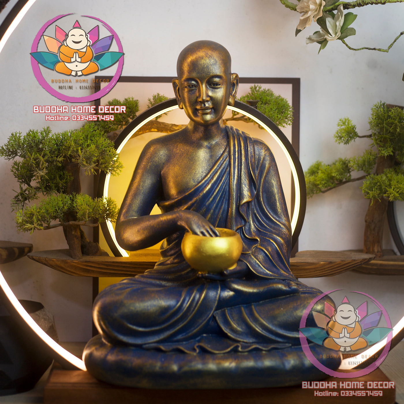 Sivali Monk Statue – Thai Buddhist Wealth Monk Sculpture – Resin Alms Bowl Monk for Home Altar, Luck & Prosperity Decor