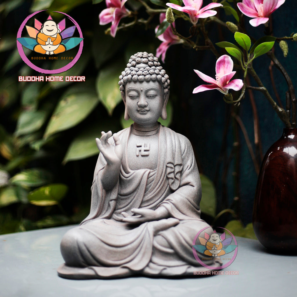 Amitabha Buddha Statue – Yellow Robe Buddha in Meditation – Resin Amituofo Figurine for Altar, Home, or Zen Space