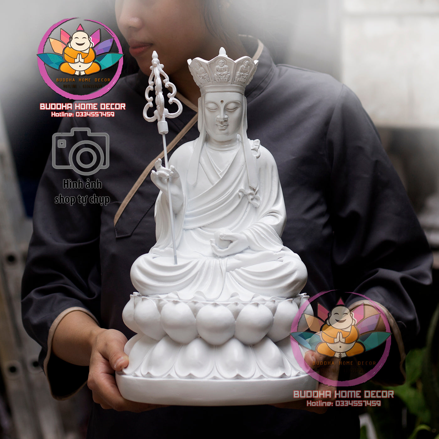 Ksitigarbha (Dizang) Bodhisattva Statue – 15.7 inchesEarth Store Bodhisattva on Stone Lotus Base – Resin Buddhist Sculpture for Altar