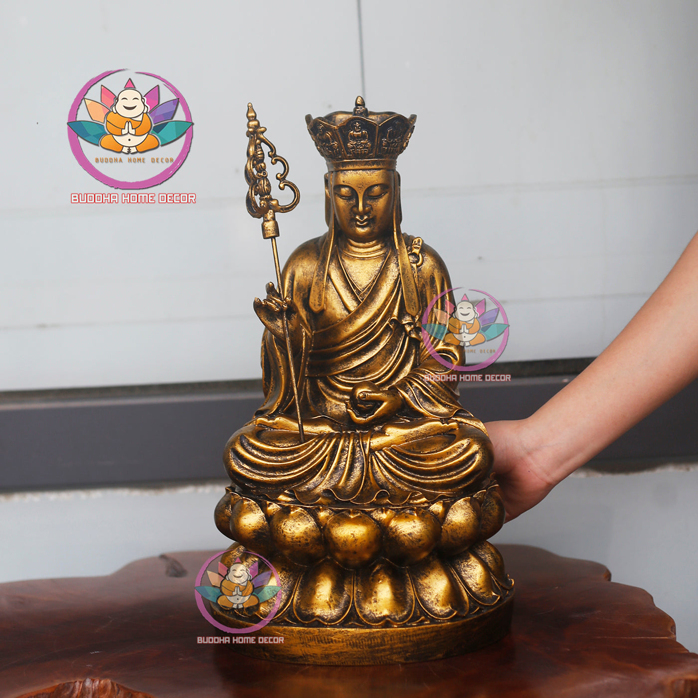 Ksitigarbha (Dizang) Bodhisattva Statue – 15.7 inchesEarth Store Bodhisattva on Stone Lotus Base – Resin Buddhist Sculpture for Altar