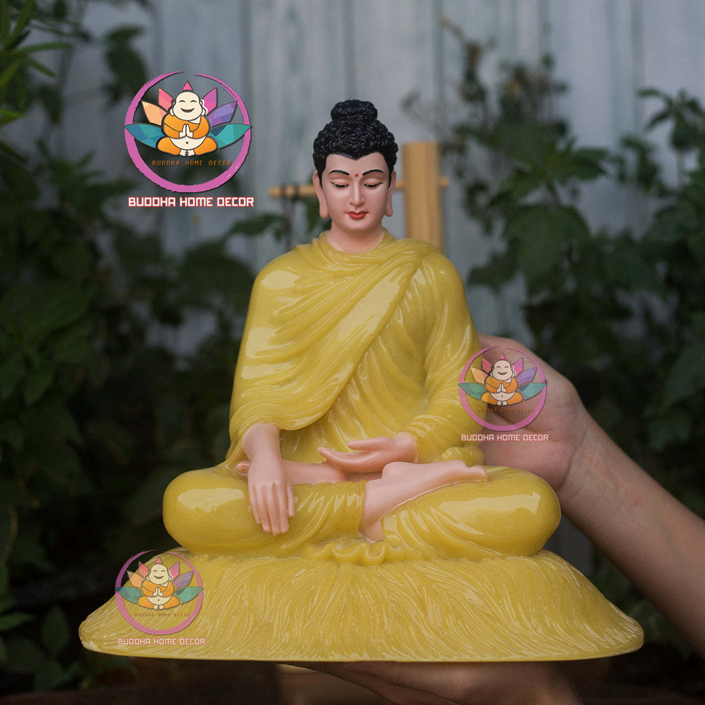 Yellow Quartz-Look Buddha Statue – 11.8" (30cm) Shakyamuni in Meditation | Glossy Resin | Handcrafted Altar Decor from Vietnam