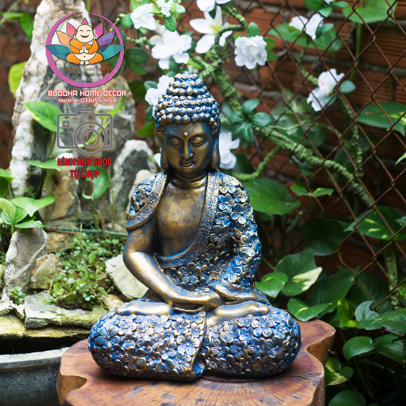 Zen Garden Buddha Statue – Floral Robe Meditating Buddha for Outdoor or Indoor Decor
