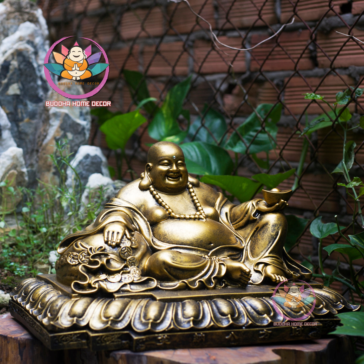 Laughing Buddha Statue – Hotei Buddha of Wealth and Happiness – Golden Resin Sculpture for Home, Office, or Feng Shui Decor