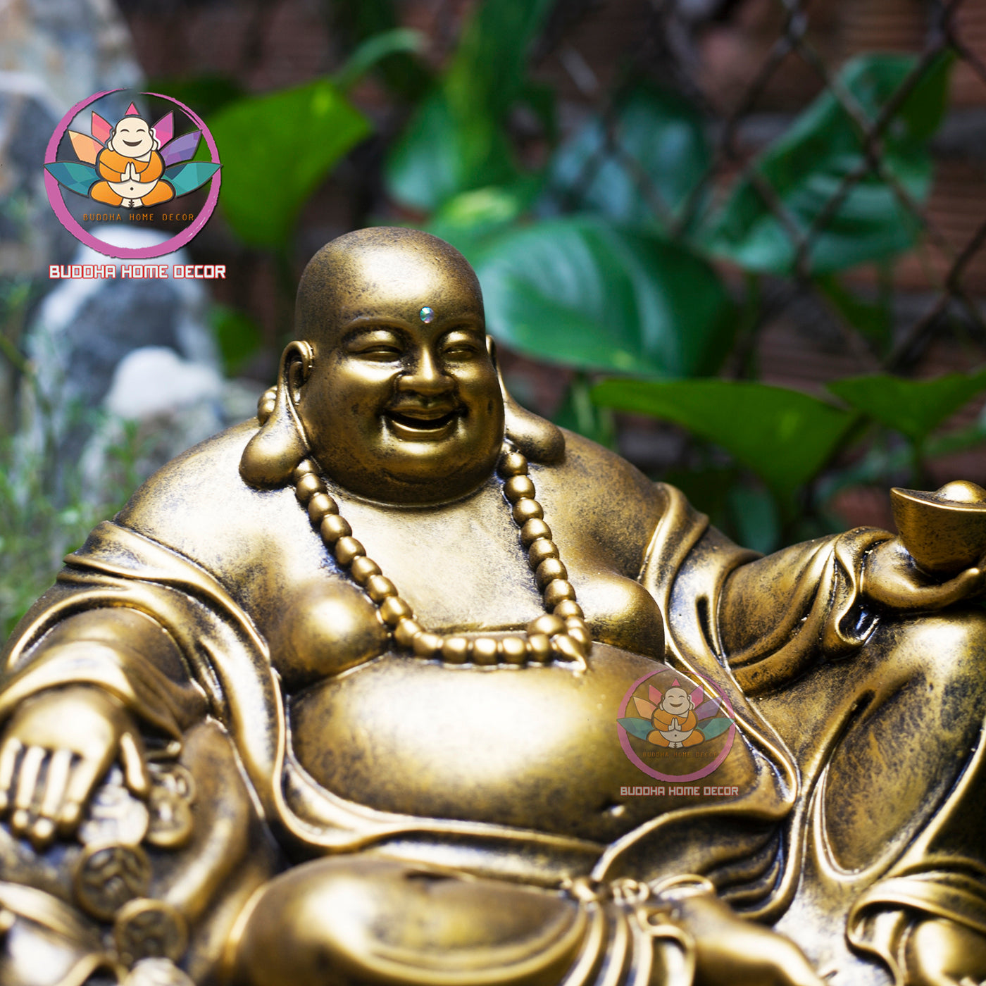 Laughing Buddha Statue – Hotei Buddha of Wealth and Happiness – Golden Resin Sculpture for Home, Office, or Feng Shui Decor