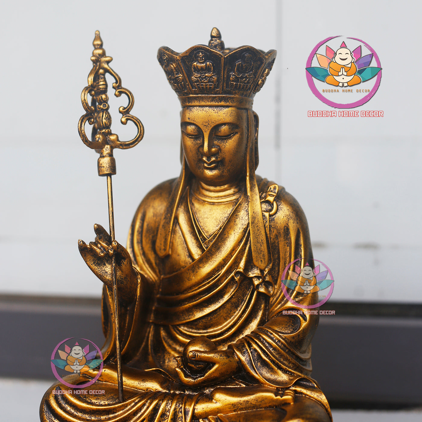 Ksitigarbha (Dizang) Bodhisattva Statue – 15.7 inchesEarth Store Bodhisattva on Stone Lotus Base – Resin Buddhist Sculpture for Altar