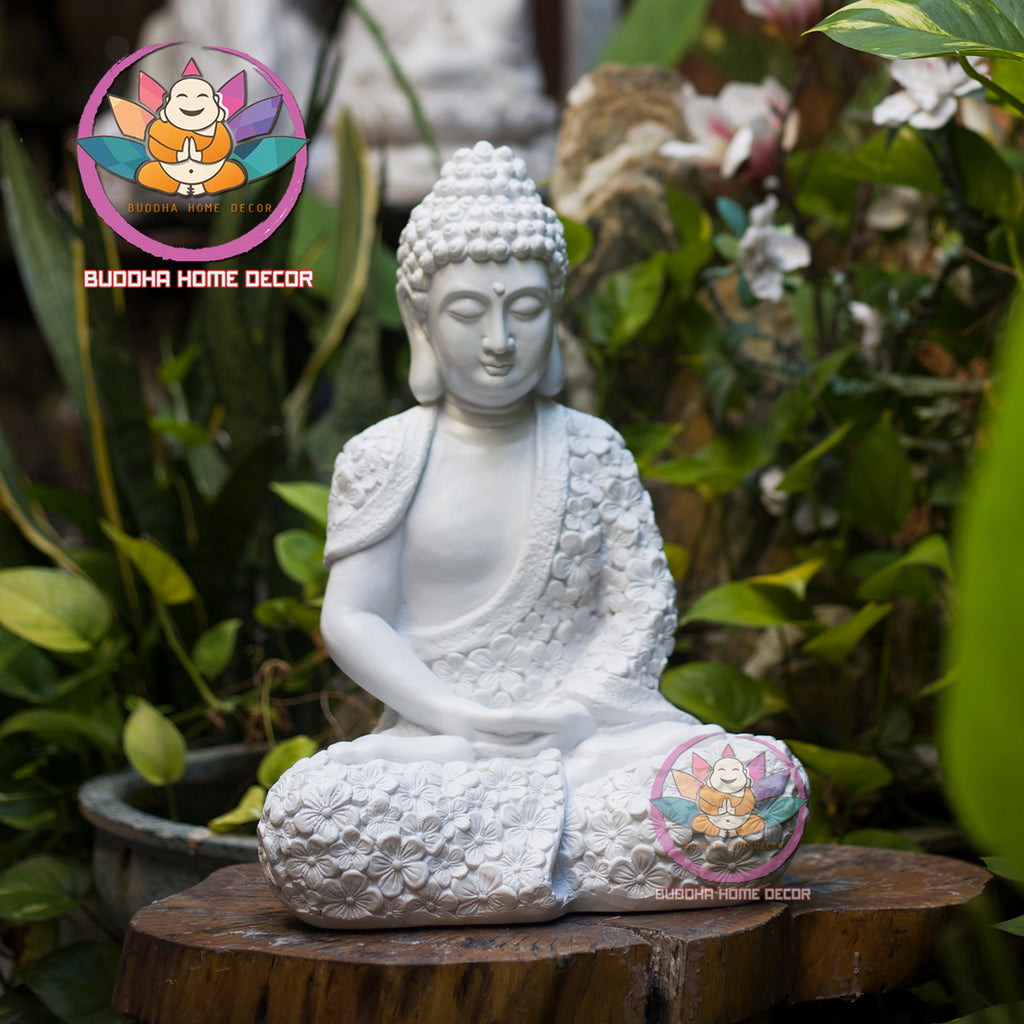 Zen Garden Buddha Statue – Floral Robe Meditating Buddha for Outdoor or Indoor Decor