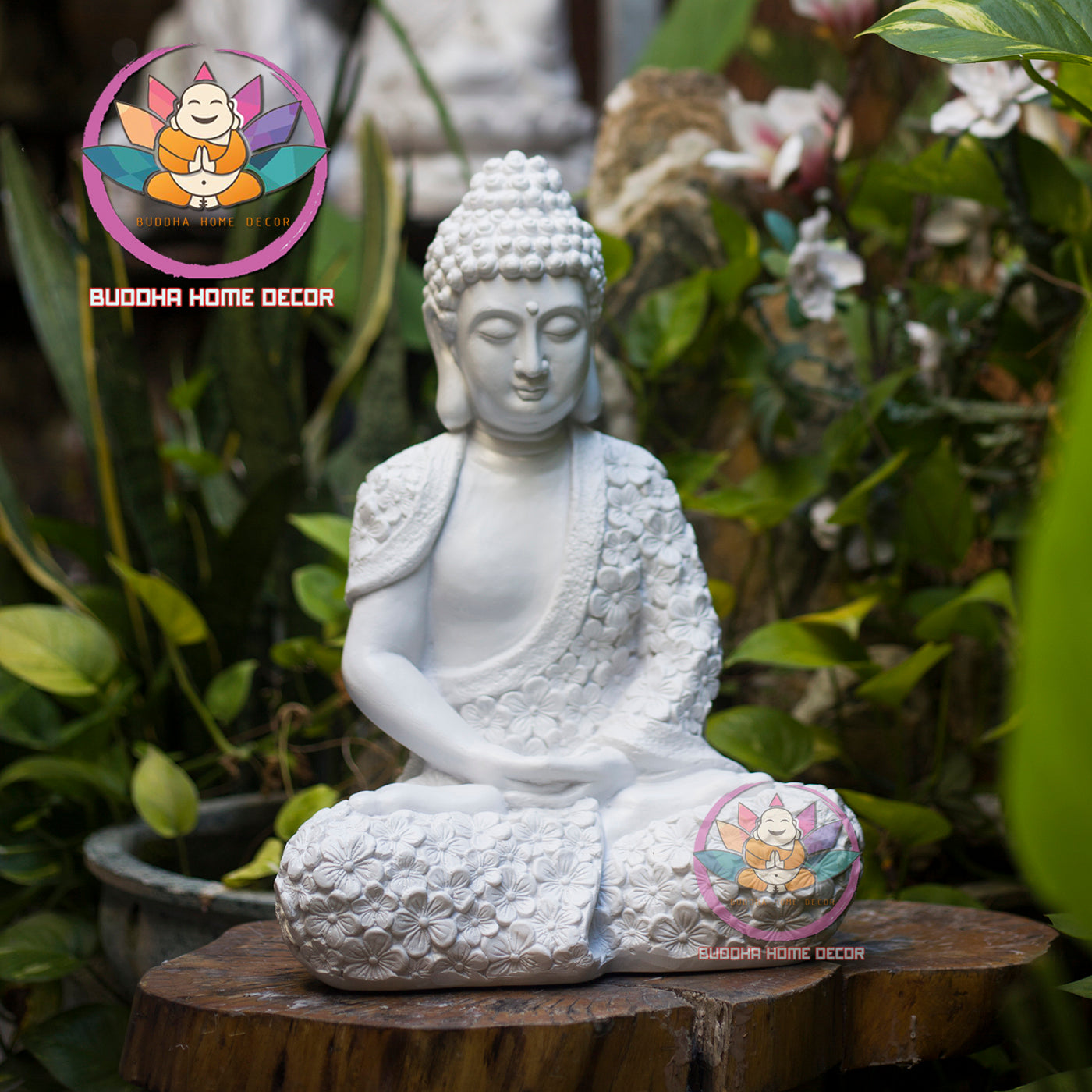 Zen Garden Buddha Statue – Floral Robe Meditating Buddha for Outdoor or Indoor Decor