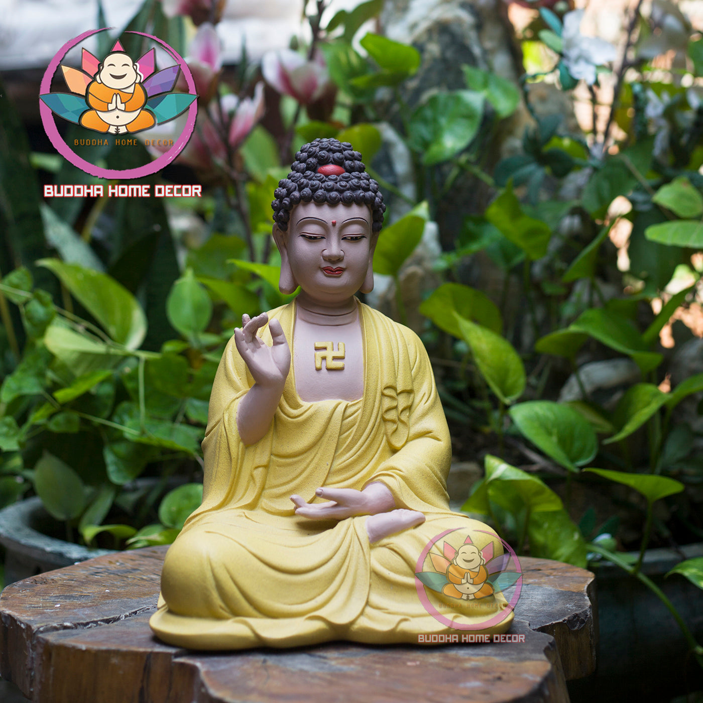 Amitabha Buddha Statue – Yellow Robe Buddha in Meditation – Resin Amituofo Figurine for Altar, Home, or Zen Space