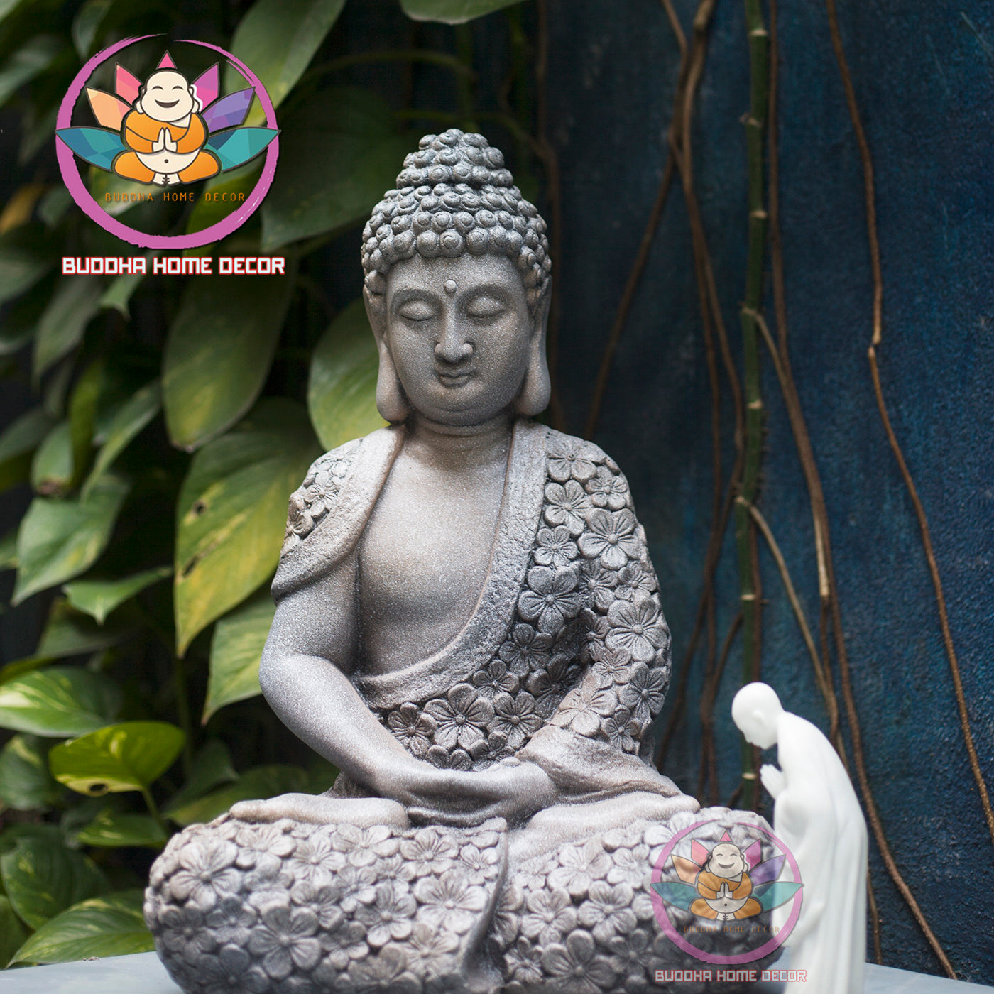 Zen Garden Buddha Statue – Floral Robe Meditating Buddha for Outdoor or Indoor Decor