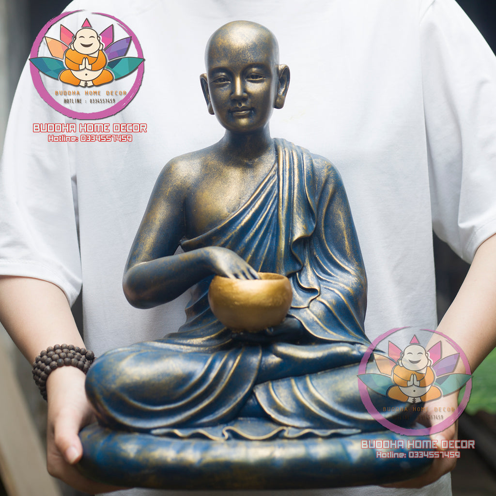 Sivali Monk Statue – Thai Buddhist Wealth Monk Sculpture – Resin Alms Bowl Monk for Home Altar, Luck & Prosperity Decor