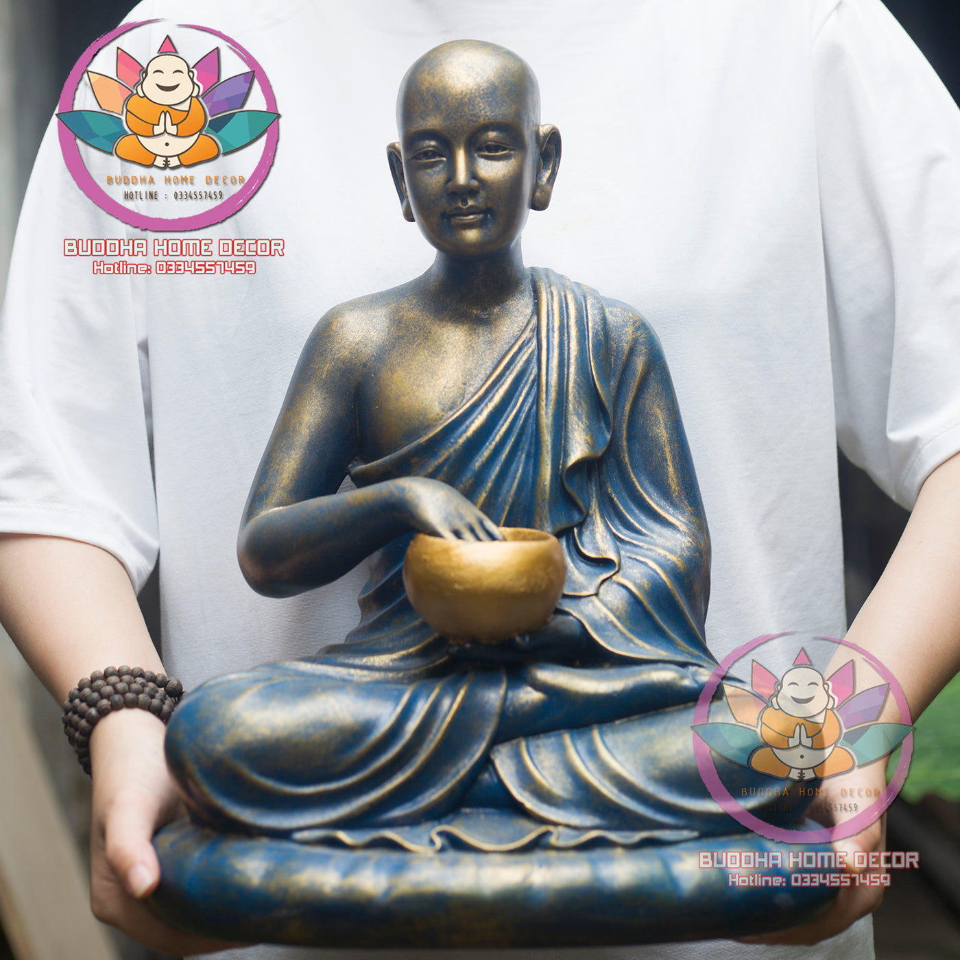 Sivali Monk Statue – Thai Buddhist Wealth Monk Sculpture – Resin Alms Bowl Monk for Home Altar, Luck & Prosperity Decor