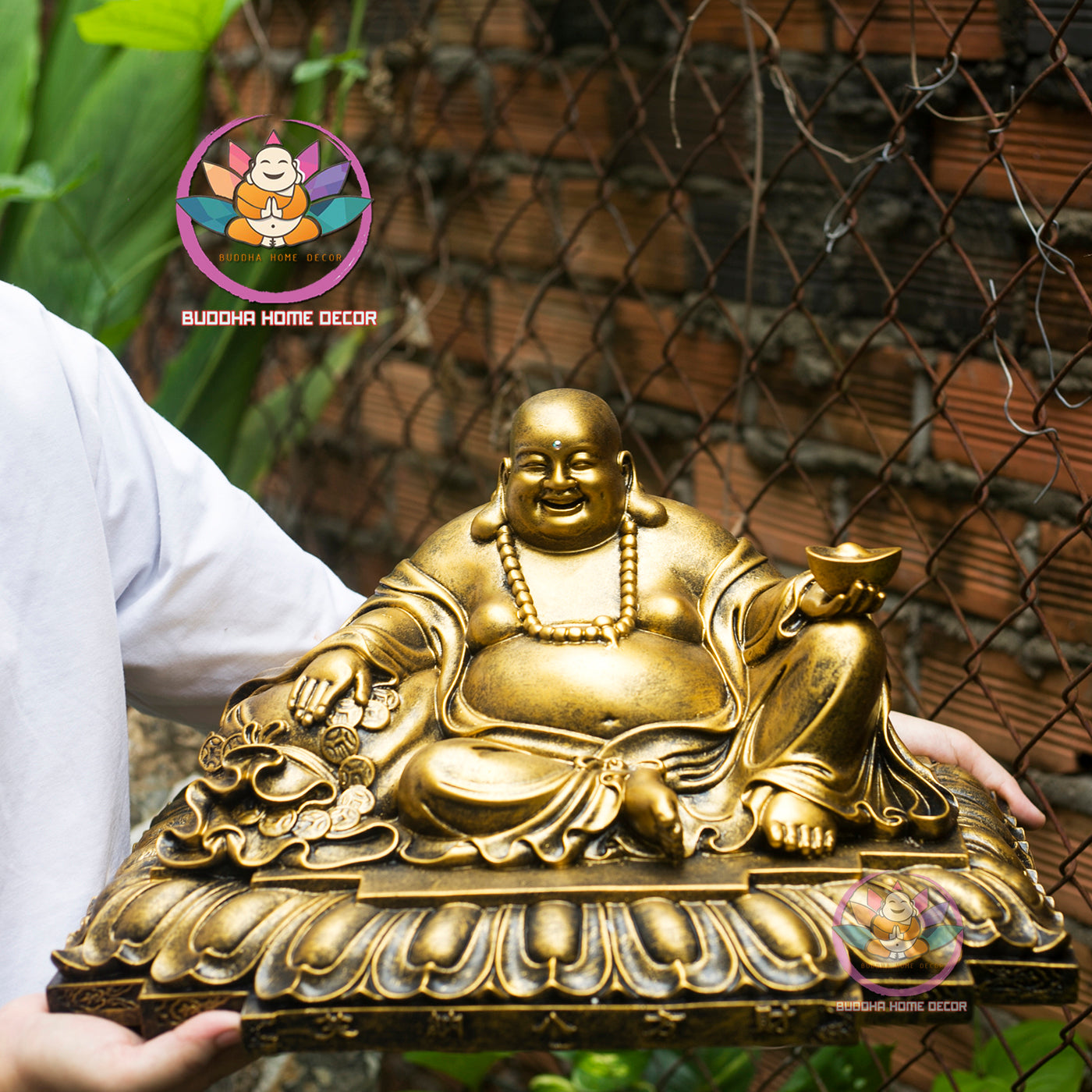 Laughing Buddha Statue – Hotei Buddha of Wealth and Happiness – Golden Resin Sculpture for Home, Office, or Feng Shui Decor