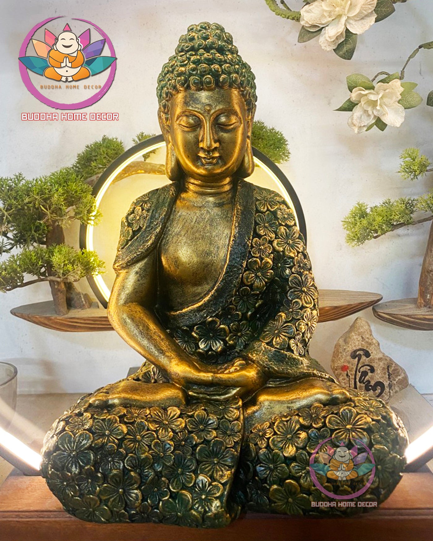 Zen Garden Buddha Statue – Floral Robe Meditating Buddha for Outdoor or Indoor Decor