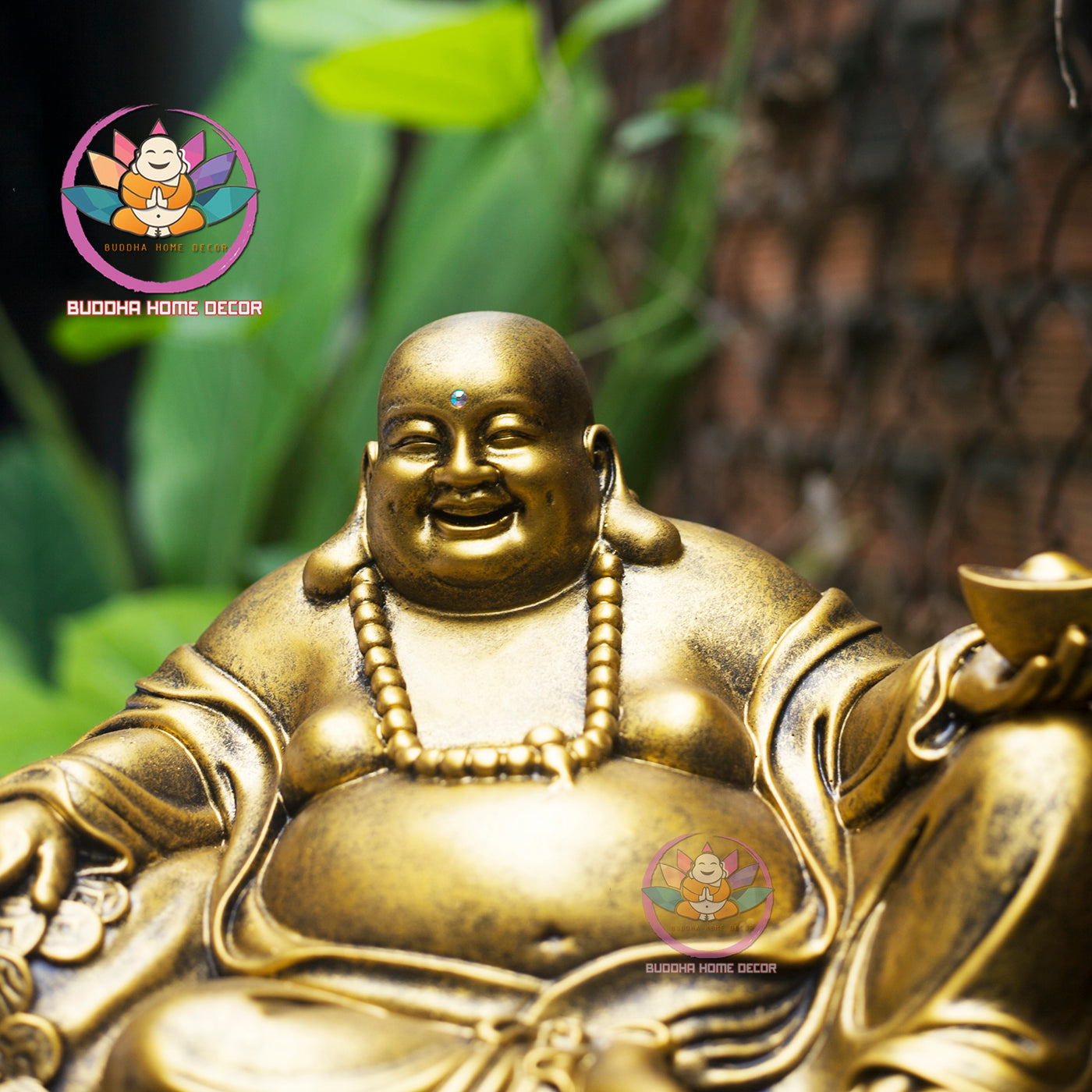 Laughing Buddha Statue – Hotei Buddha of Wealth and Happiness – Golden Resin Sculpture for Home, Office, or Feng Shui Decor