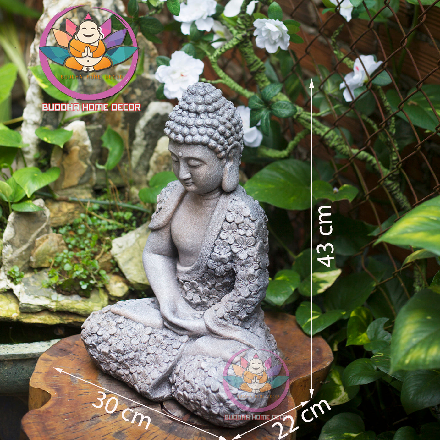 Zen Garden Buddha Statue – Floral Robe Meditating Buddha for Outdoor or Indoor Decor