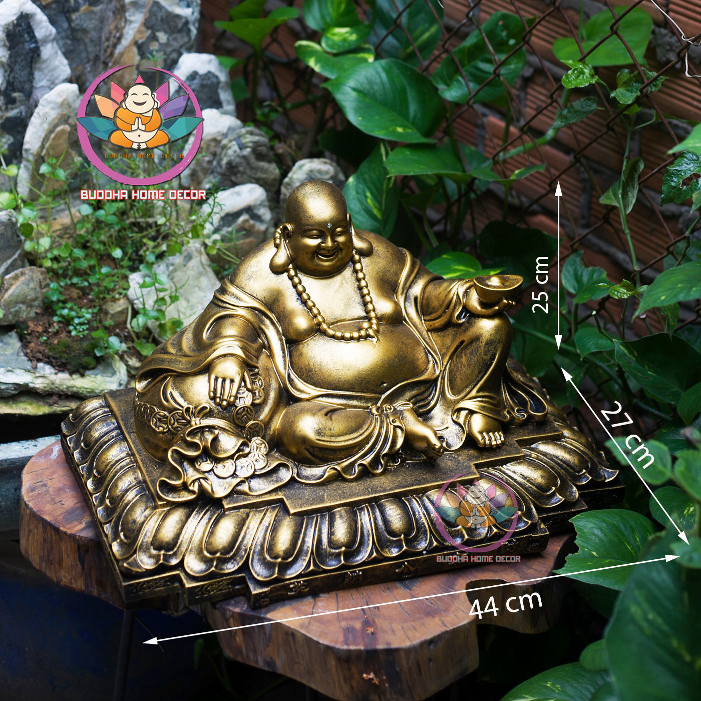 Laughing Buddha Statue – Hotei Buddha of Wealth and Happiness – Golden Resin Sculpture for Home, Office, or Feng Shui Decor