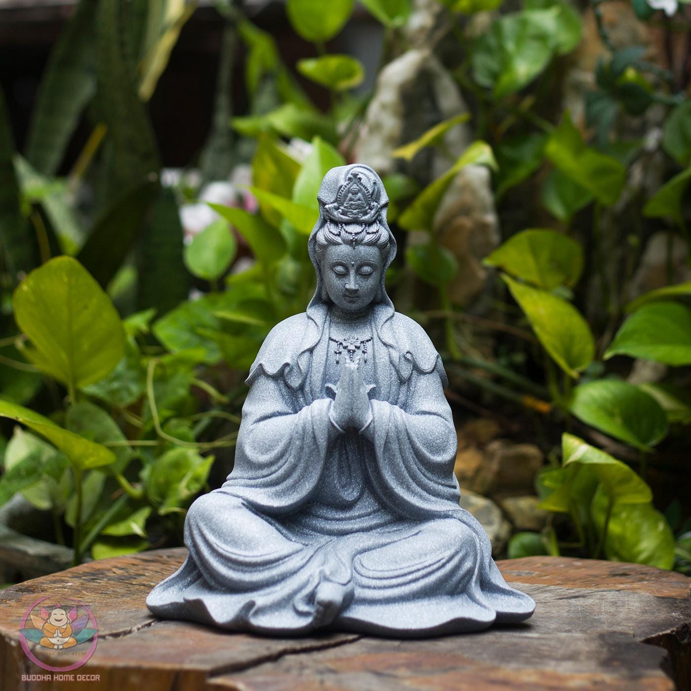 Seated Kwan Yin Statue with Praying Hands – Grey Stone Finish Guan Yin, 9.8 inches Handmade Resin Sculpture for Peace & Home Decor