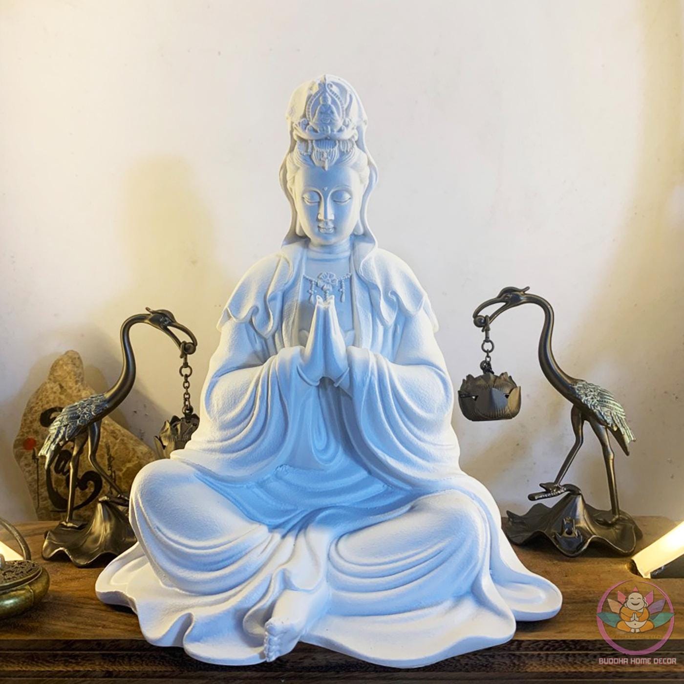 Seated Kwan Yin Statue with Praying Hands – Grey Stone Finish Guan Yin, 9.8 inches Handmade Resin Sculpture for Peace & Home Decor