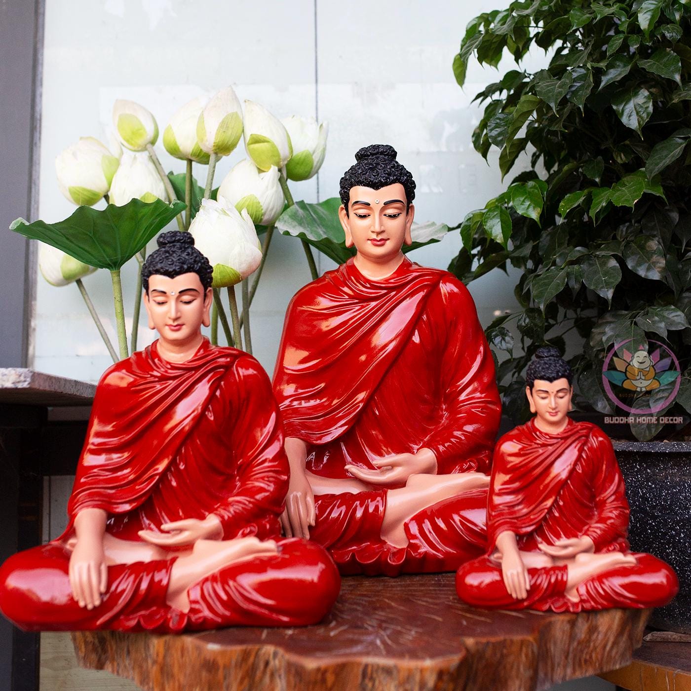 Red Robe Buddha Statue – (19.7/14.6/9.4) inches Handmade Meditation Sculpture for Zen Altar or Asian Decor
