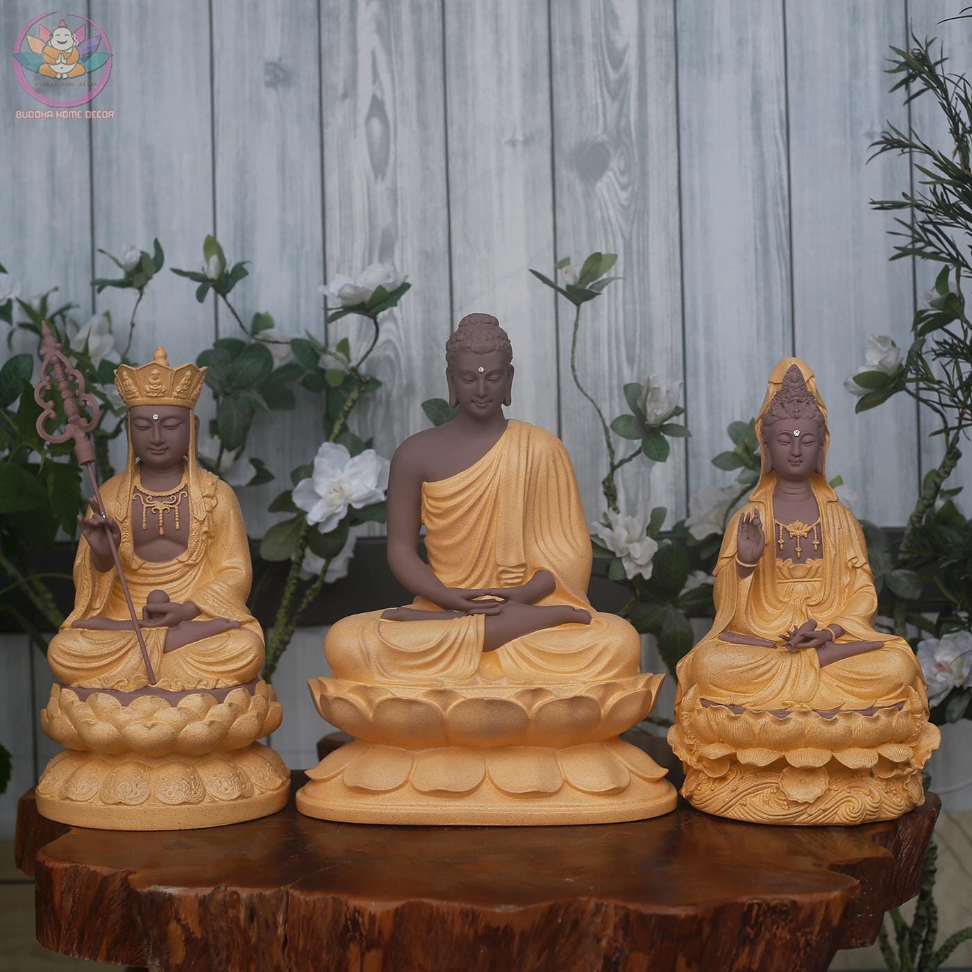 Buddhist Enlightened Trinity Statue Set – Shakyamuni Buddha, Ksitigarbha, and Avalokiteshvara – Stone Finish, 3 Piece Zen Sculpture Set