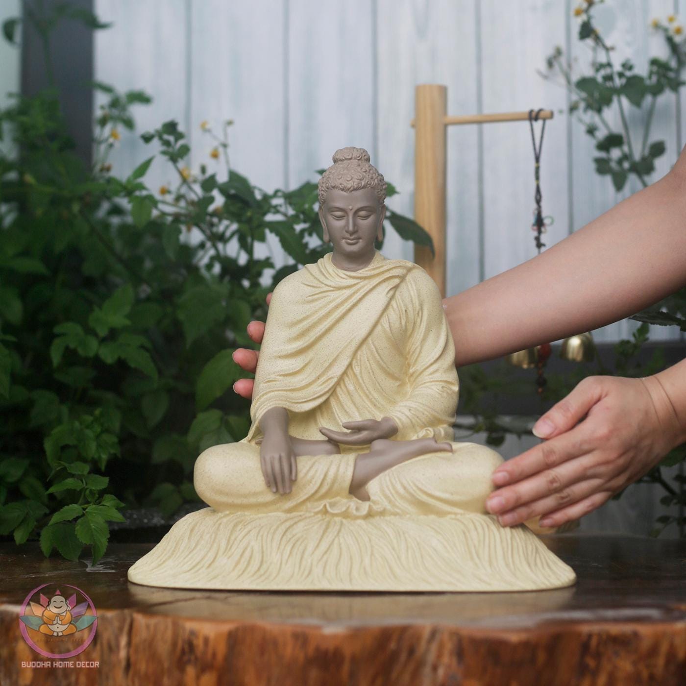 Shakyamuni Buddha Statue – 11.8 inch (30cm) – Seated on Grass Base | Yellow Robe | Mindfulness Decor