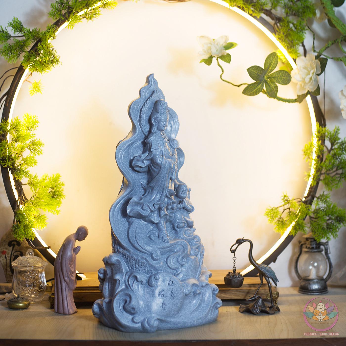 Guanyin Ruyi Statue – 15.7 inches Avalokiteshvara on Waves – Compassion and Wish-Granting Bodhisattva Sculpture - Buddha Statue