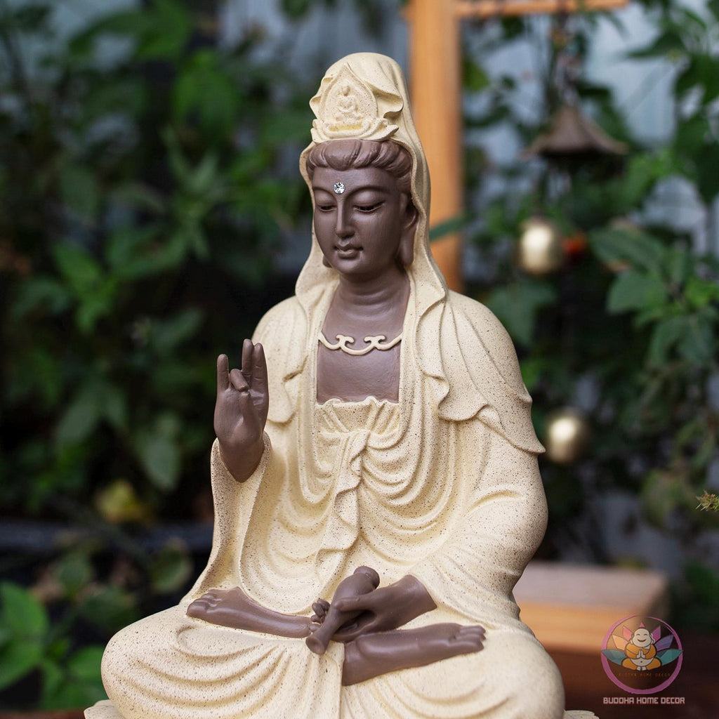 Guanyin Buddha Statue – 11.8 inches (30cm) Resin Stone Powder Sculpture | Compassion Kwan Yin Figurine | Home Altar Decor