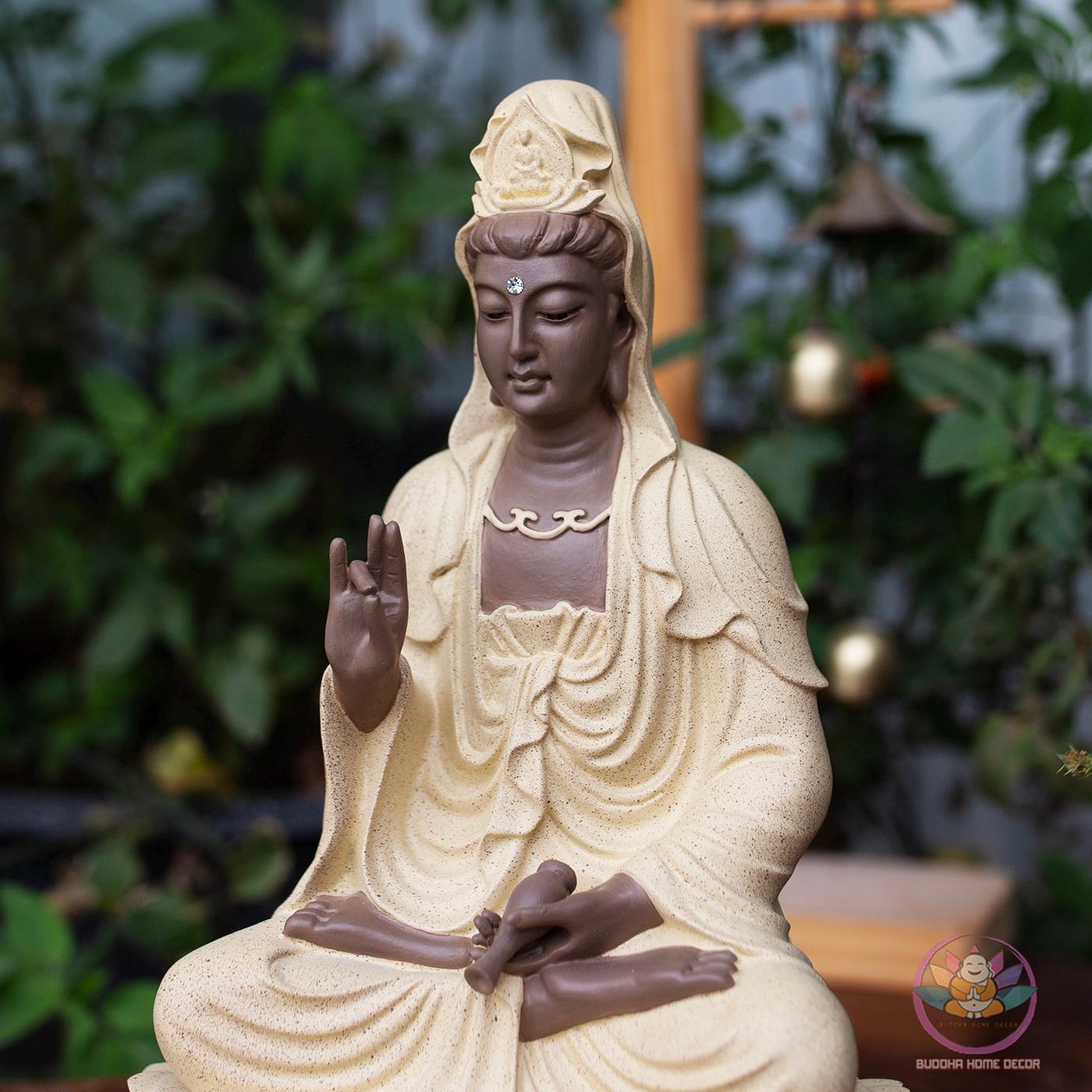 Guanyin Buddha Statue – 11.8 inches (30cm) Resin Stone Powder Sculpture | Compassion Kwan Yin Figurine | Home Altar Decor