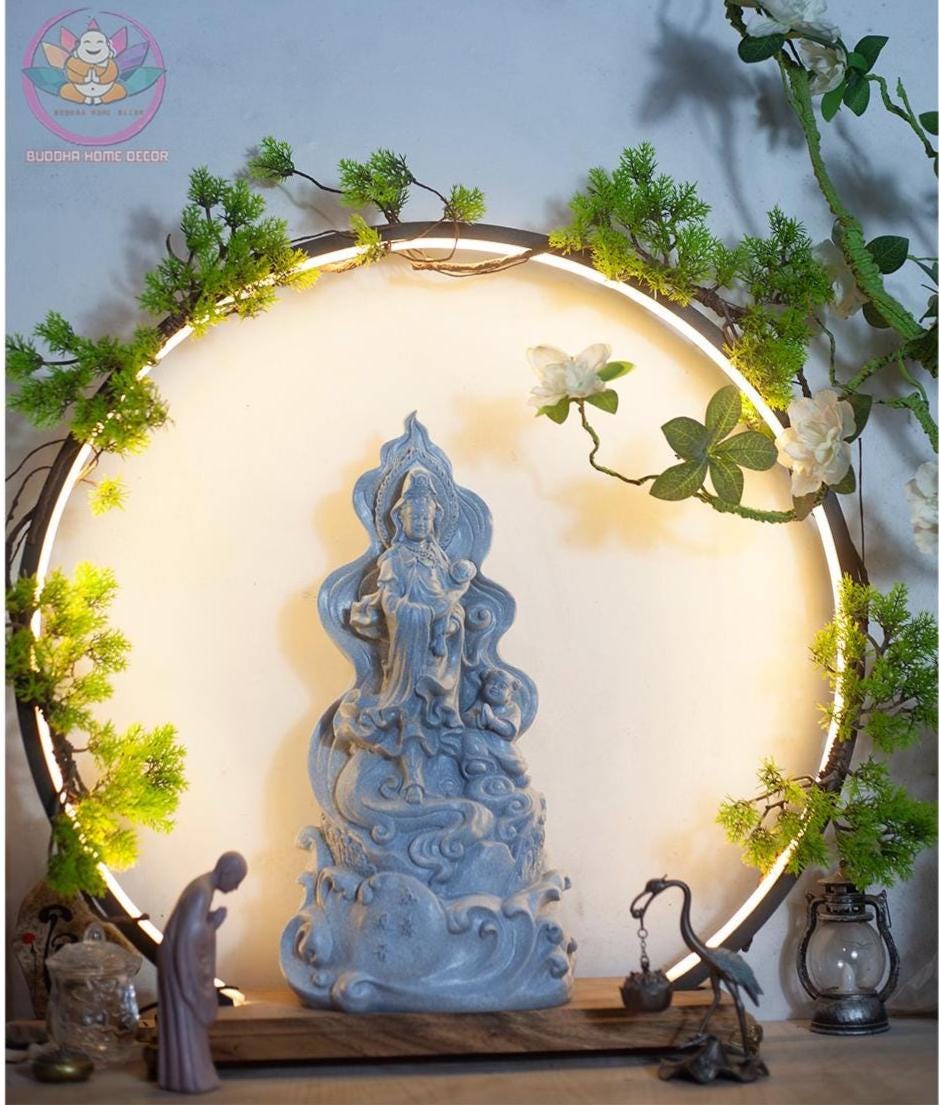 Guanyin Ruyi Statue – 15.7 inches Avalokiteshvara on Waves – Compassion and Wish-Granting Bodhisattva Sculpture - Buddha Statue
