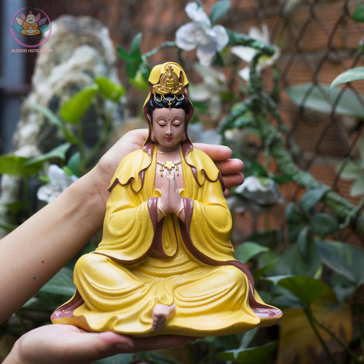 Seated Kwan Yin Statue with Praying Hands – Grey Stone Finish Guan Yin, 9.8 inches Handmade Resin Sculpture for Peace & Home Decor