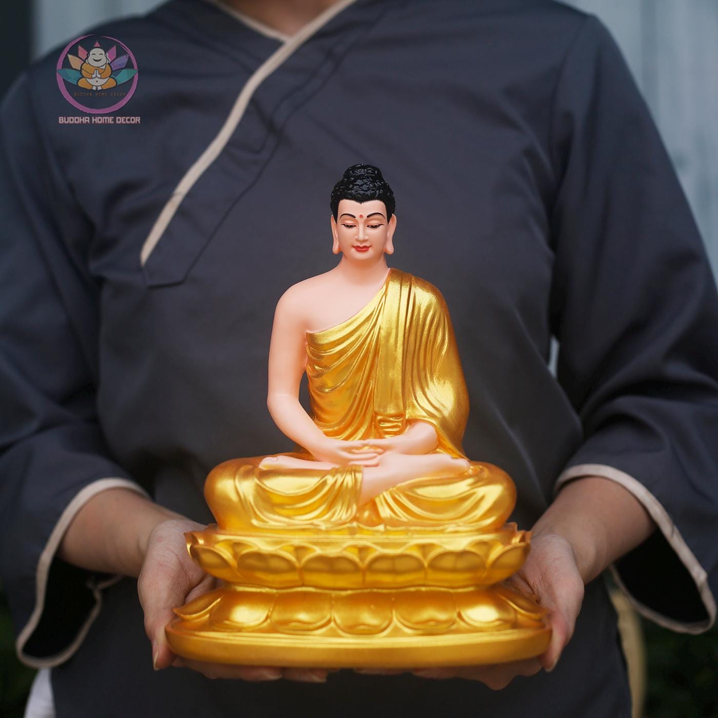 Shakyamuni Buddha Statue – 9.5 inches (24cm) Gold Robe Enlightenment Sculpture | Meditation Room Decor | Resin & Stone Powder