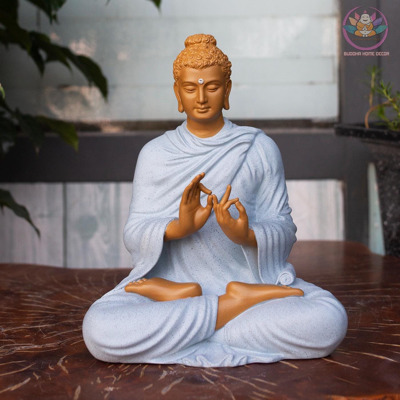 Shakyamuni Buddha Turning the Dharma Wheel Statue – 9.8" Resin Stone Powder – Enlightenment Decor, Buddhist Gift