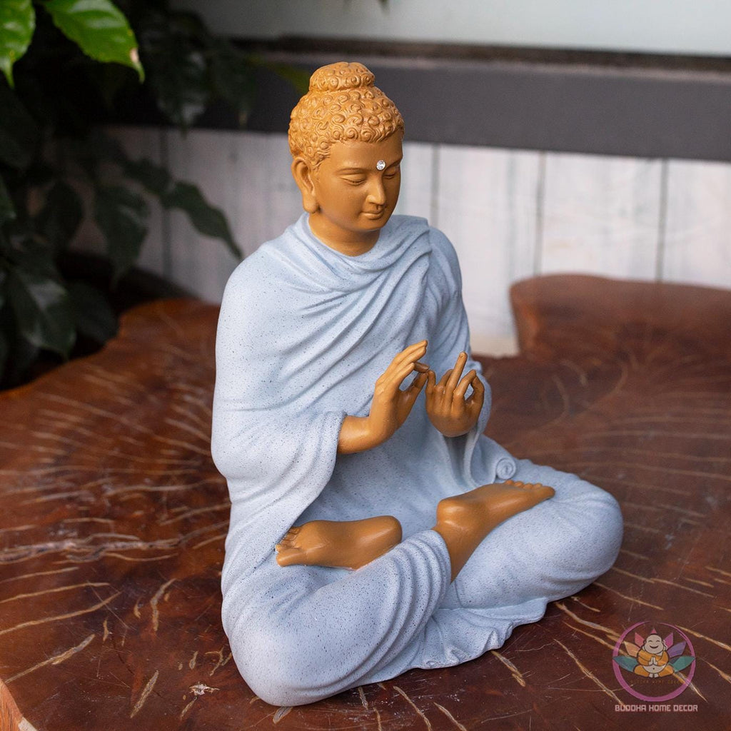 Shakyamuni Buddha Turning the Dharma Wheel Statue – 9.8" Resin Stone Powder – Enlightenment Decor, Buddhist Gift