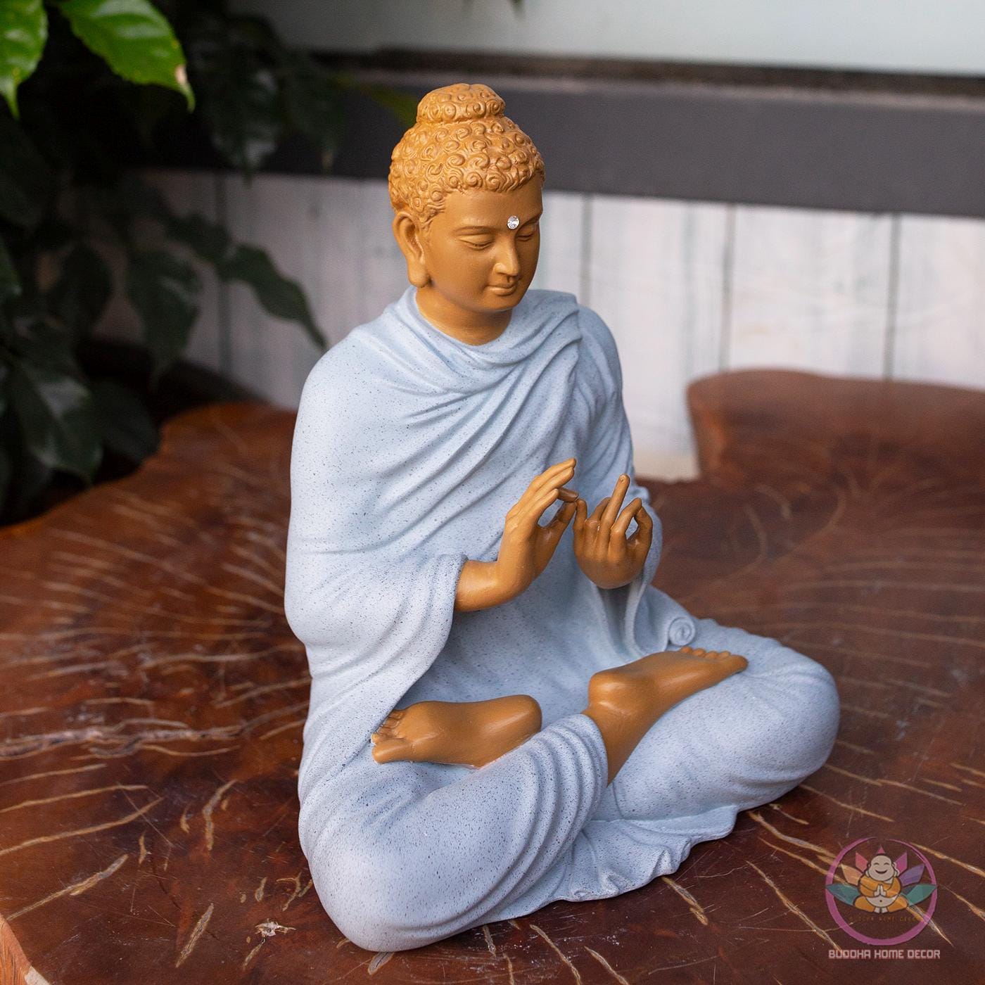 Shakyamuni Buddha Turning the Dharma Wheel Statue – 9.8" Resin Stone Powder – Enlightenment Decor, Buddhist Gift