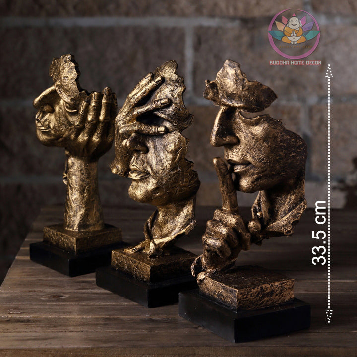3 Wise Faces Sculpture Set – Hear No Evil, Speak No Evil, See No Evil – Modern Abstract Resin Statue Home Office Shelf Decor