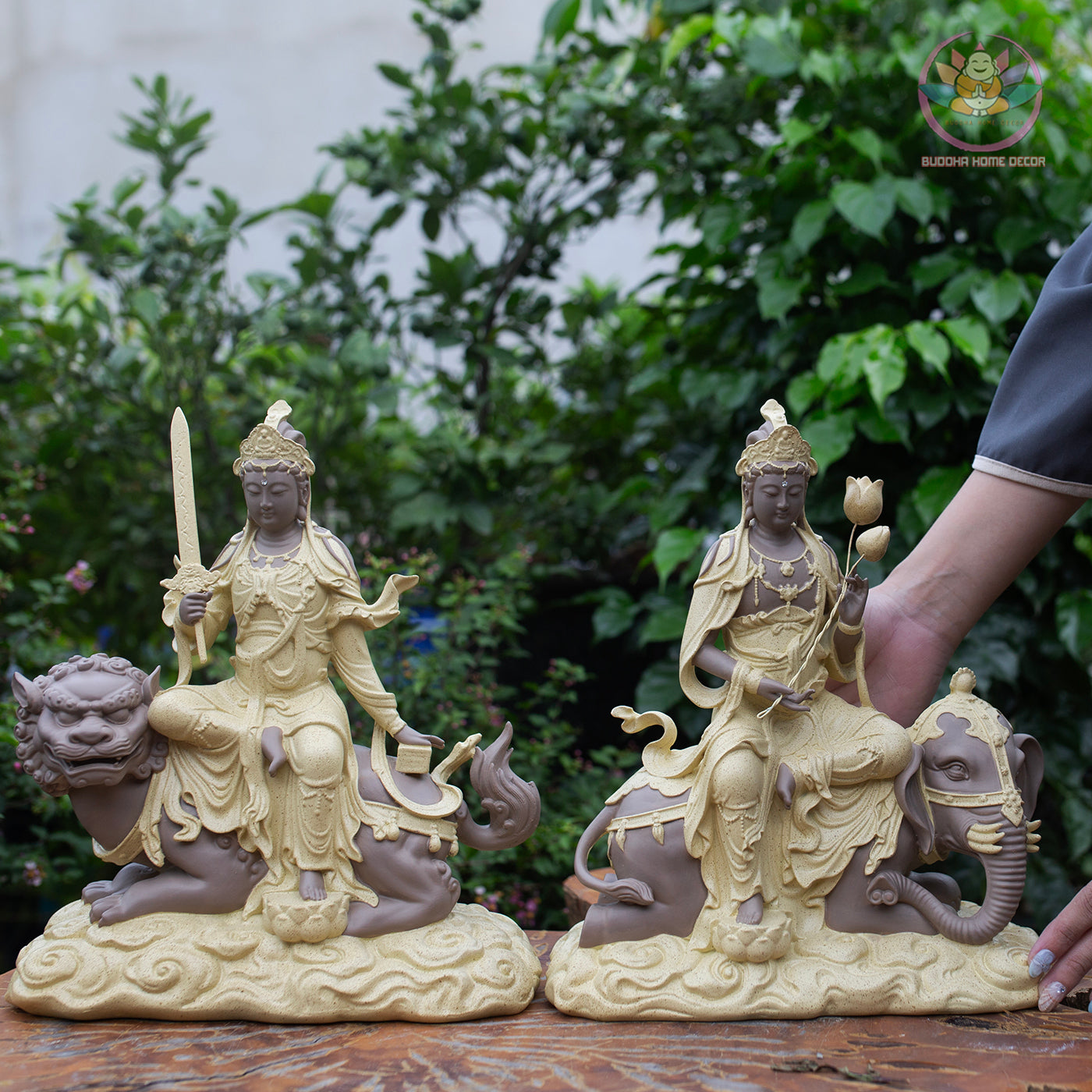 Manjushri Bodhisattva Riding Lion and Samantabhadra Riding Elephant Statue Set – Resin Buddhist Sculptures, Zen Home Altar Spiritual Decor