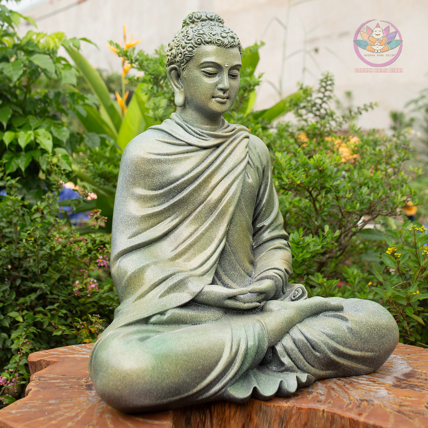 Shakyamuni Buddha Statue 20.5" | Composite Resin and Stone Powder | Green Stone Finish | Seated Meditation Buddha for Home and Garden Decor
