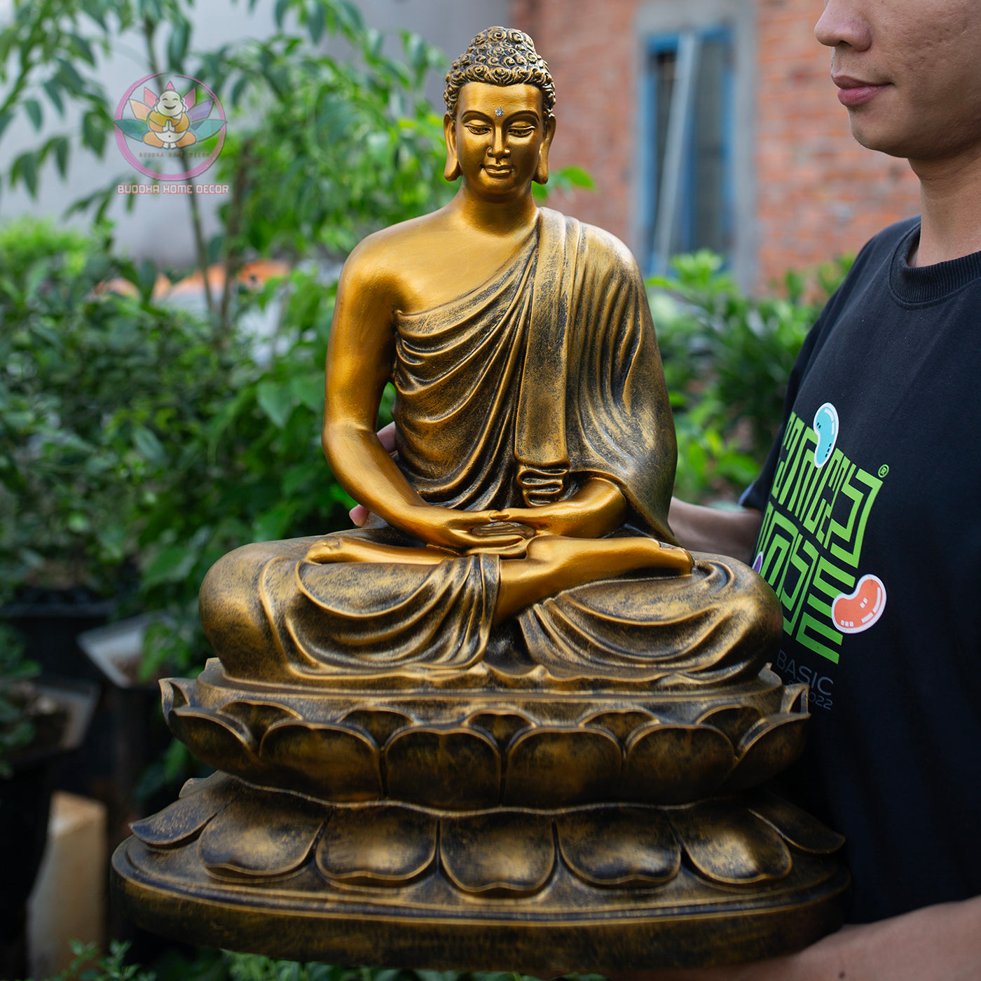 Buddha Statue Set – Shakyamuni 50 cm, Ksitigarbha and Quan Yin 40 cm | Composite Resin and Stone Powder | Golden Finish Buddhist Altar Decor