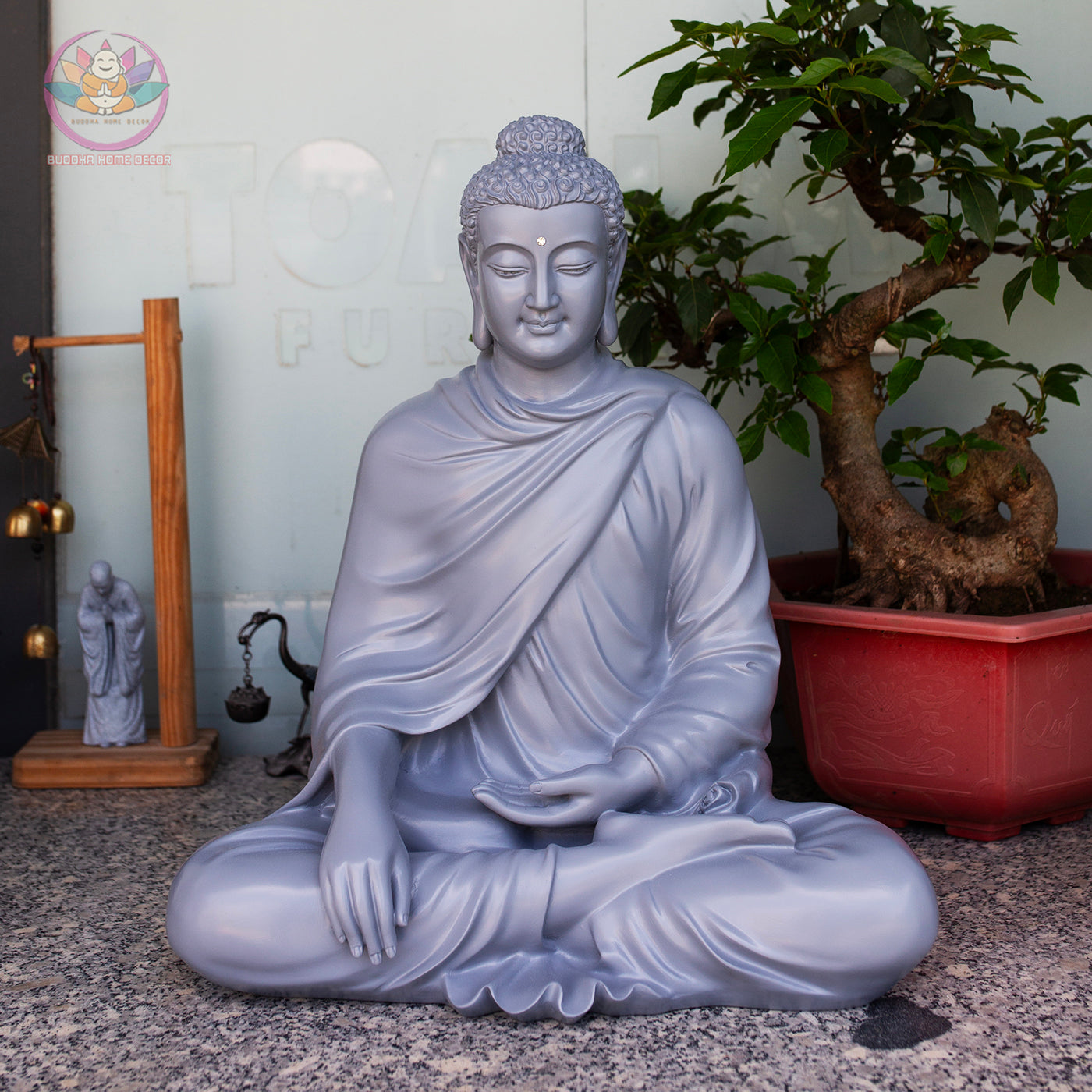 Blue-Grey Buddha Statue – 19.7" (50cm) Shakyamuni in Meditation | Satin Resin Finish | Handcrafted Buddhist Decor from Vietnam