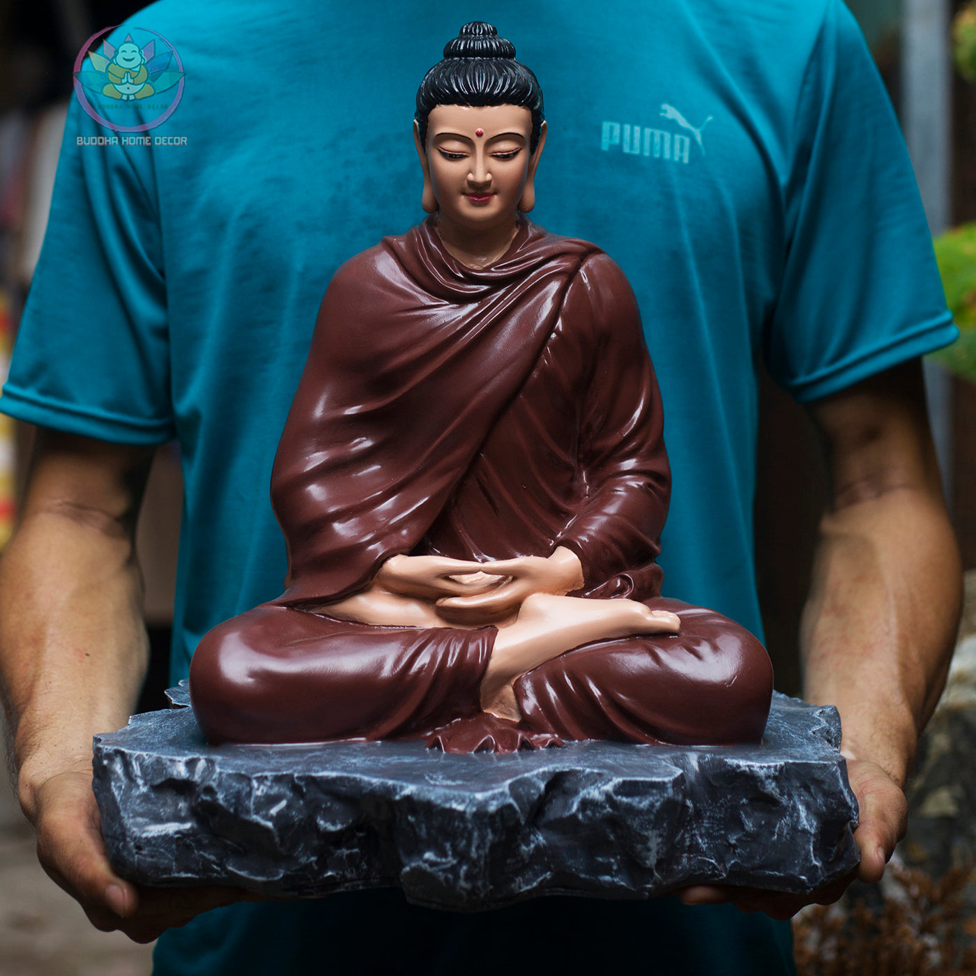 Shakyamuni Buddha Statue – 15.7" (40cm) in Burgundy Robe on Stone Base | Resin Meditation Sculpture | Handcrafted Vietnamese Decor
