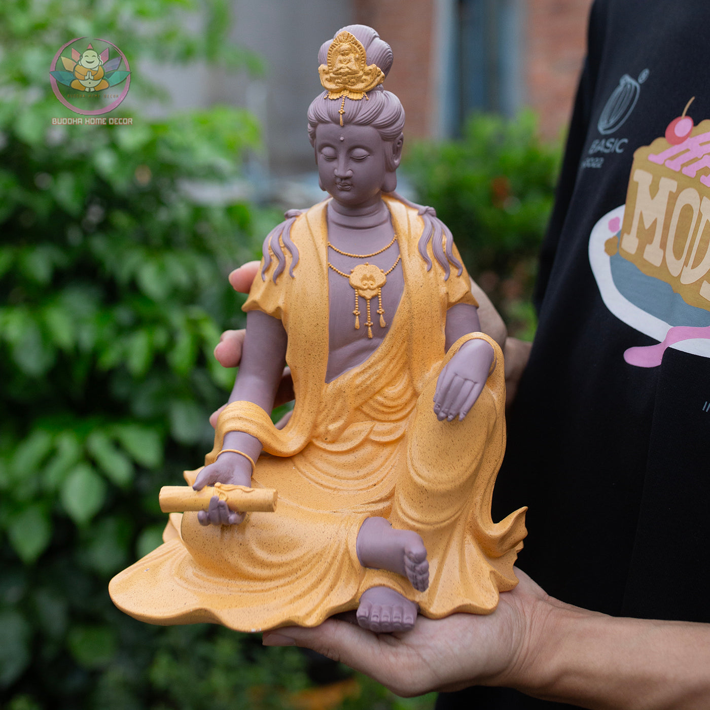 Guanyin Bodhisattva Statue 9.8" – Resin & Stone Powder Seated Kwan Yin in Golden Jade Finish