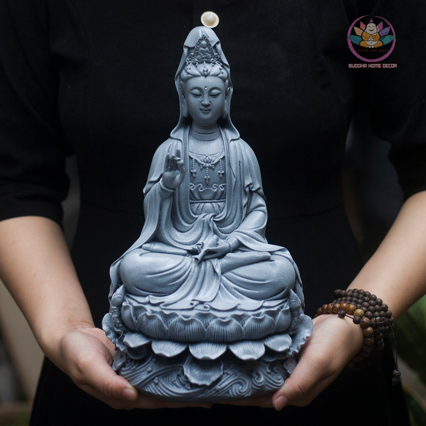 Gray Guanyin Statue 11.8” | Kuan Yin Goddess of Mercy Figurine | Resin Sculpture for Altar, Zen Home, Meditation, Spiritual Gift