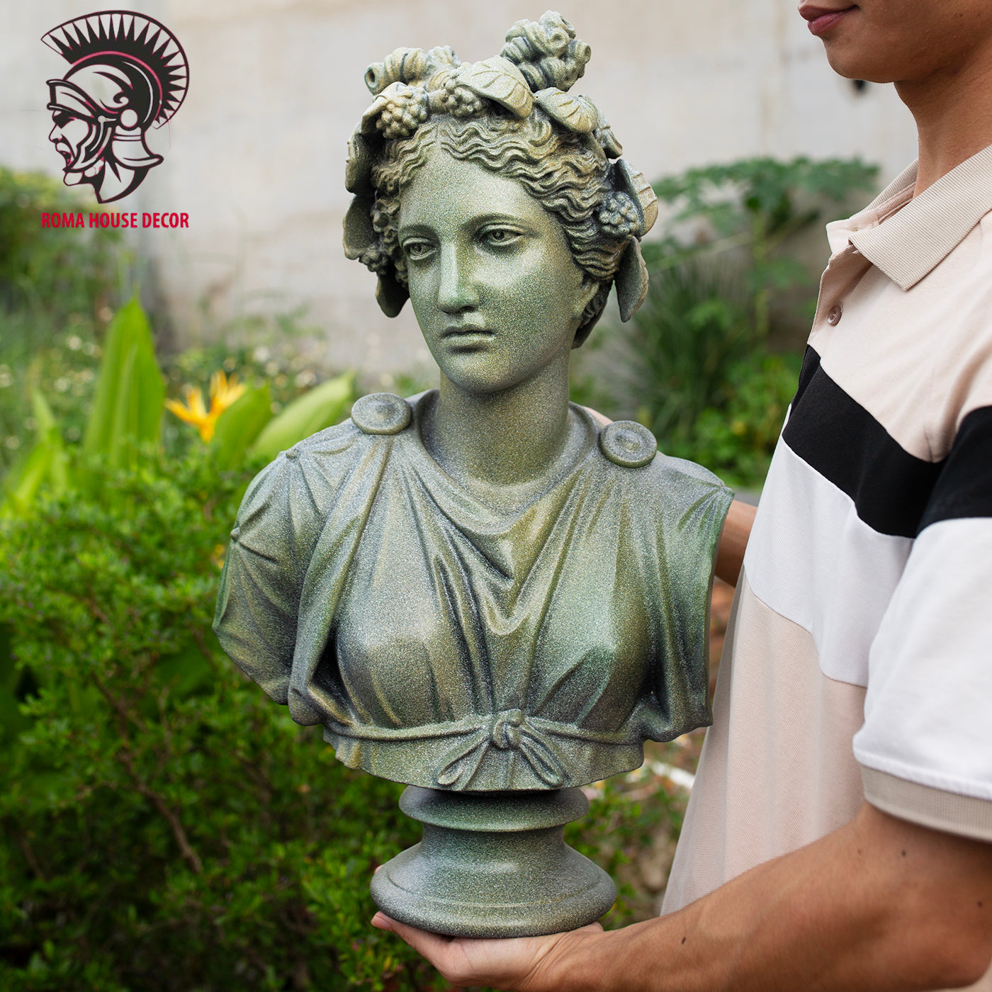 Greek Goddess Artemis Bust with Corinthian Column – Classic Roman Style Sculpture Set, Green Stone Finish (20.8" & 30.7")