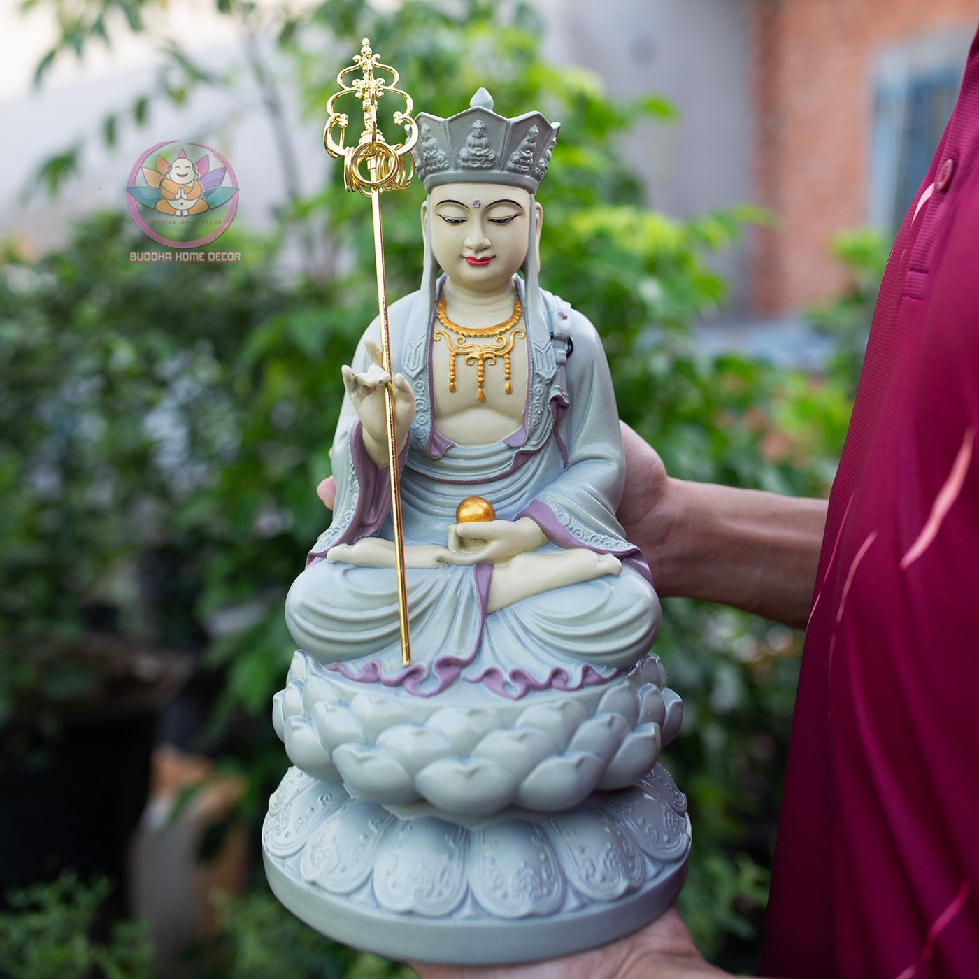 Ksitigarbha Bodhisattva Statue 11.8" | Pastel Grey Finish with Gold Details | Buddhist Altar and Meditation Decor