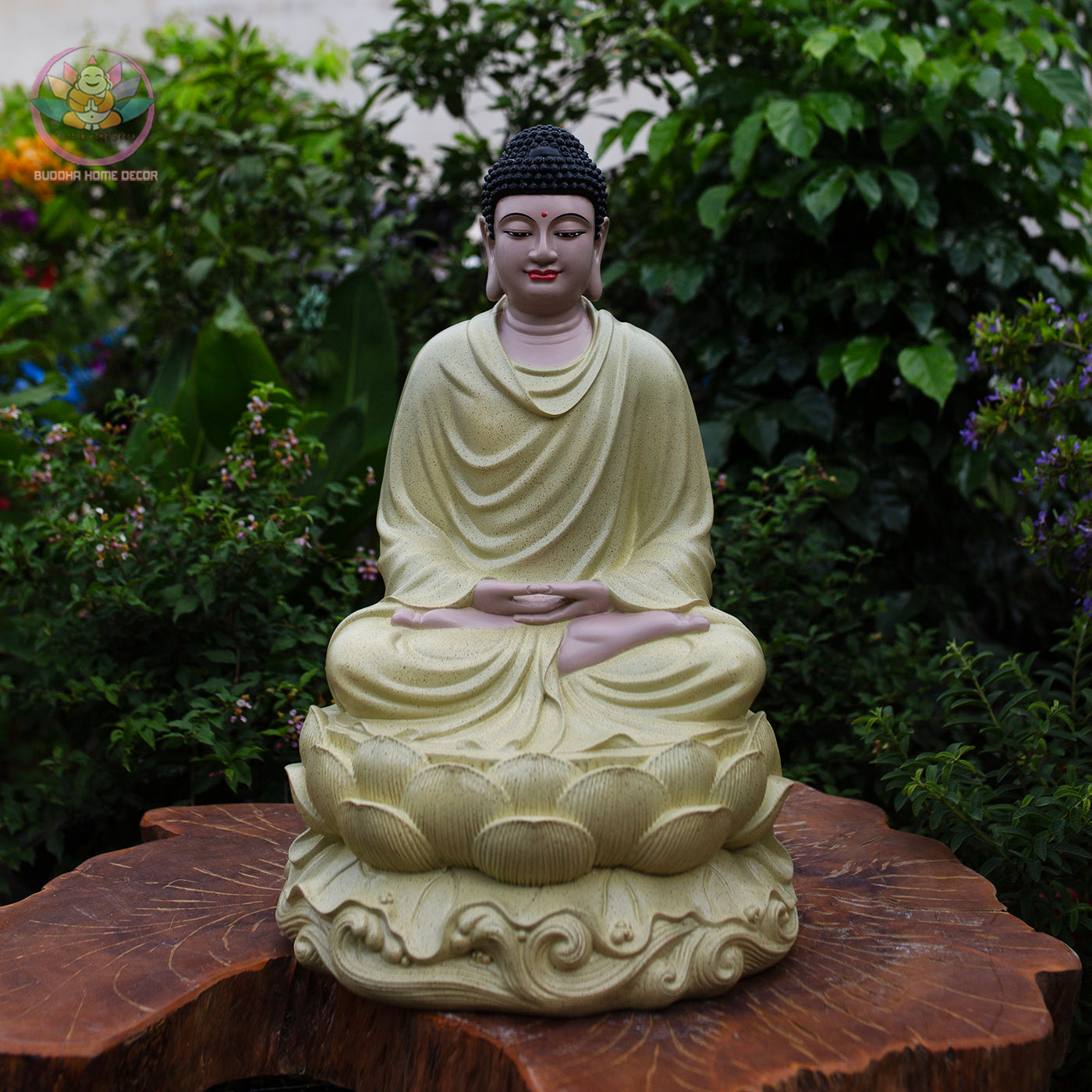 Shakyamuni Buddha Statue on Lotus – 18.9" (48cm) Cream Yellow Resin | Meditation Pose | Handcrafted Vietnamese Buddhist Decor