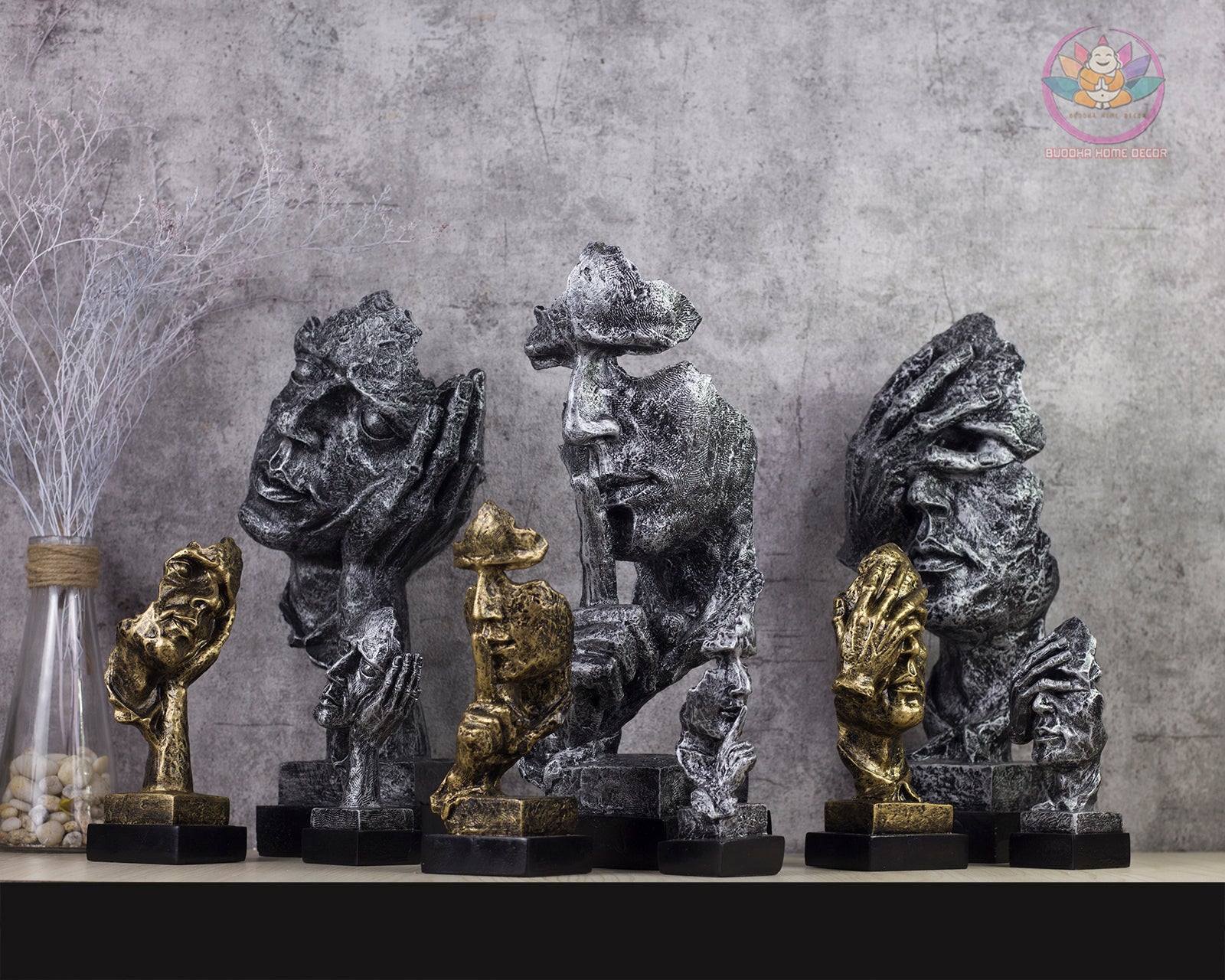3 Wise Faces Sculpture Set – Hear No Evil, Speak No Evil, See No Evil – Modern Abstract Resin Statue Home Office Shelf Decor